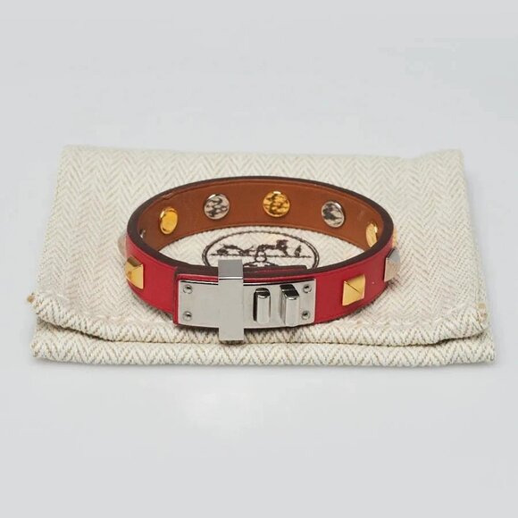 Hermes Rouge Tomate Swift Leather Mini Dog Clous Ronds Bracelet Size T2 - Picture 2 of 7